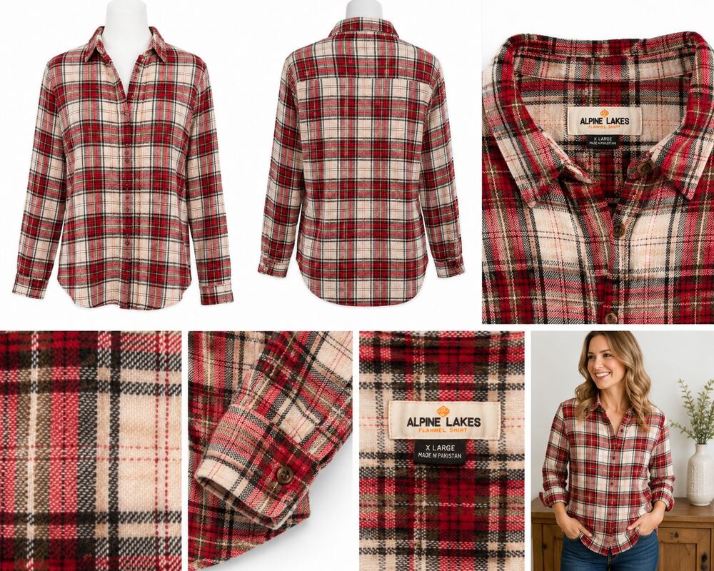 Alpine Lakes Women's Plaid Flannel Button-Up Shirt – Red/Cream/Black – Size XL